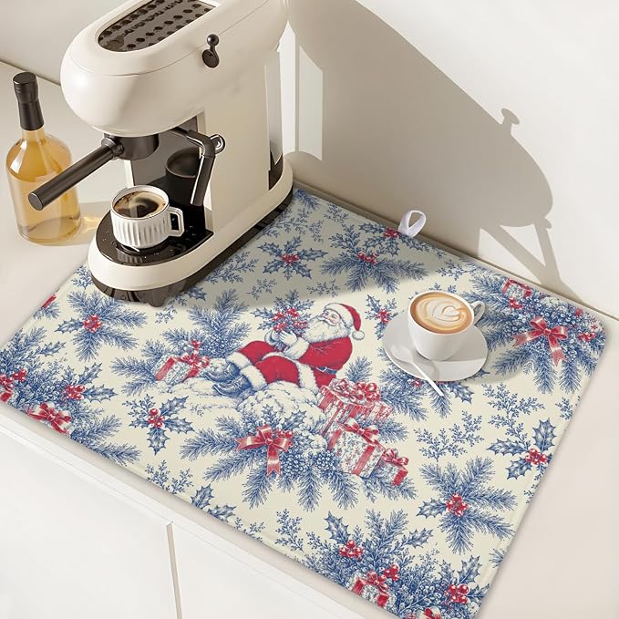 Christmas Santa Claus Dish Drying Mat for Kitchen Counter 18x24 Inch | Vintage Blue Chinoiserie Christmas Holly Leaves Dish Drainer Mat Rustic Xmas Holiday Absorbent Washable Drying Pad