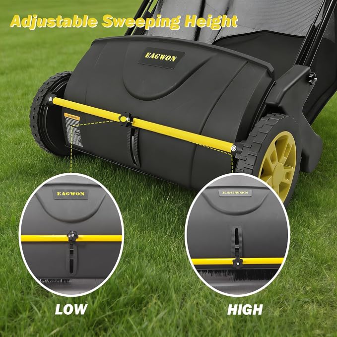Push Lawn Sweeper, 21-Inch Width, 3.5 Cu. Ft. Hopper Capacity, 4 Spinning Brushes, Adjustable Height, Durable Steel Frame with Rubber Wheels, Yellow