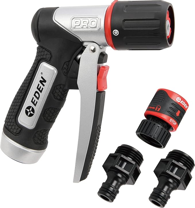 Eden PRO 94834 Metal Front Trigger 4-Pattern Turbo Nozzle | Heavy-Duty Hose Sprayer for Garden, Lawn, Plants, Outdoor Cleaning, Durable Aluminum Core, Quick Connect Set Included