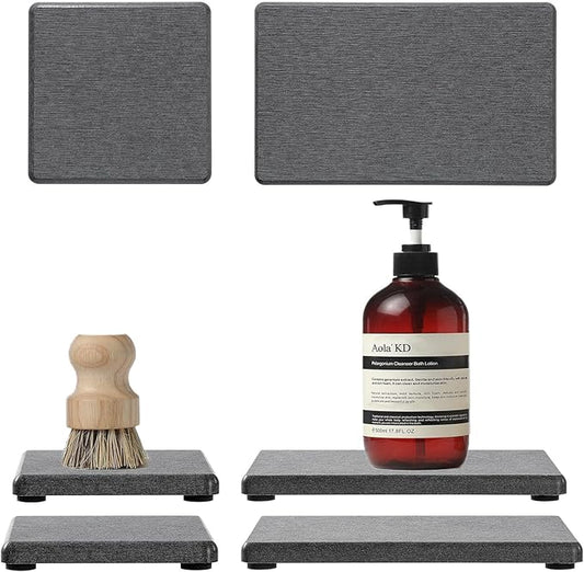 4PCS Water Absorbing Sponge Holder Diatomite Stone Sink Tray Mat, Quick Drying Kitchen & Bathroom Counter Tray Vanity Caddy, Diatomaceous Earth Dish Soap Dispenser Organizer, Dark Gray