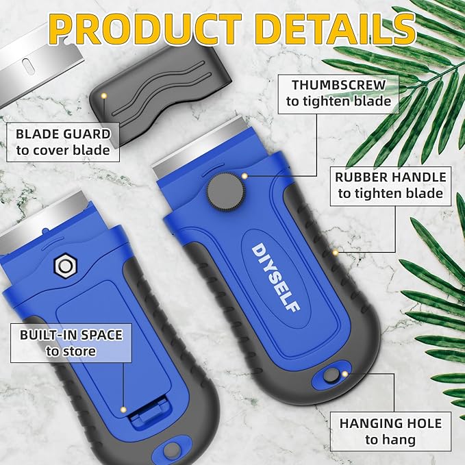 DIYSELF Razor Scraper with 15 Extra Razor Blades, Stove Top Cleaner Tool | Paint Scraper for Stickers, Labels, Glue and Residue on Glass, Metal and Tile, Razor Scraper with Built-In Blade Storage