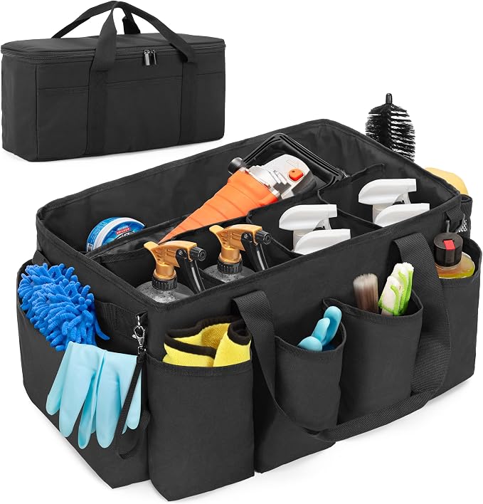 HODRANT Detailing Bag with Polisher Carry Bag for Buffer Bottle Towel | Large Detail Care Box for Auto Detailing Supplies, Car Wash Caddy & Trunk Organizer for Cleaning Kit, Black, Patent Design