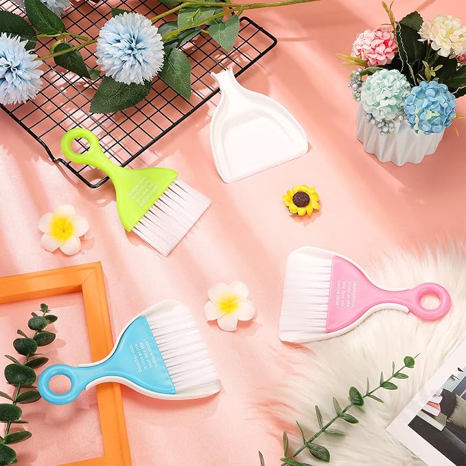 Chengu 3 Pack Mini Dustpan and Brush Set Colorful Small Broom and Dustpan Set Hand Whisk Brooms Tiny Cleaning Brush Table Crumbs Sweep for Desk Keyboard Kitchen Corner Car Sofa Pet Cage Nest Craft