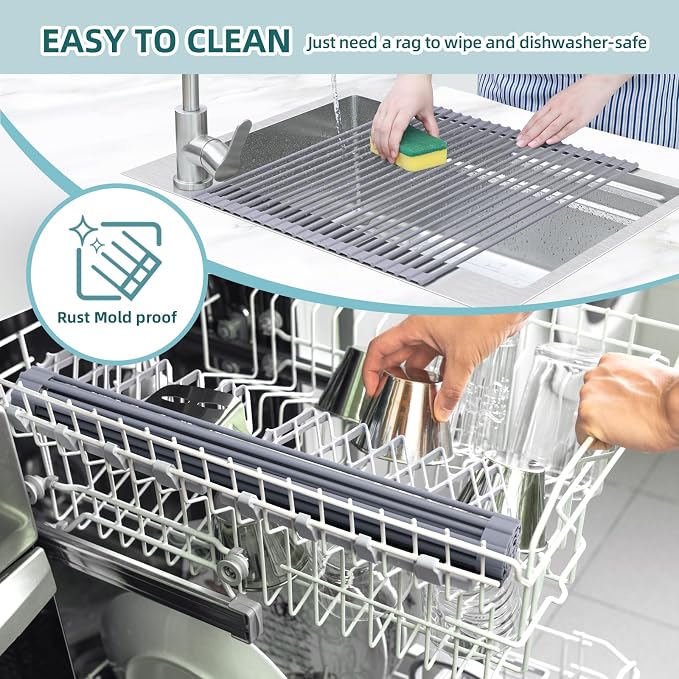 Ohuhu Sink Drying Rack, 20.5" W x 16.1" L Over The Sink Roll-Up Dish Drainer - Rolling Foldable Sink Accessories Heat-Resistant Mat Anti-Slip Silicone Coated Multipurpose for Kitchen Counter