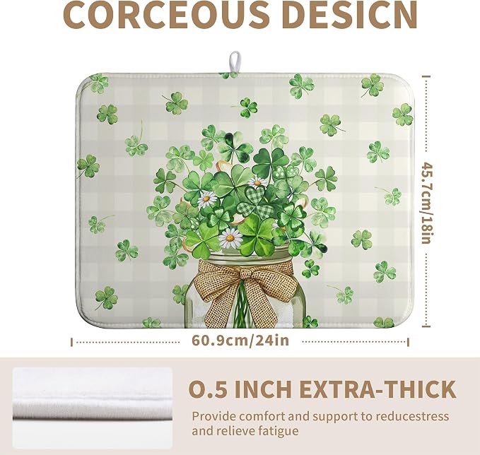 St Patricks Day Shamrock Dish Drying Mat Green Spring Kitchen Dishes Drying Pad Absorbent Dish Dryer Mats for Kitchen Countertops Microfiber Washable Large18x24 in