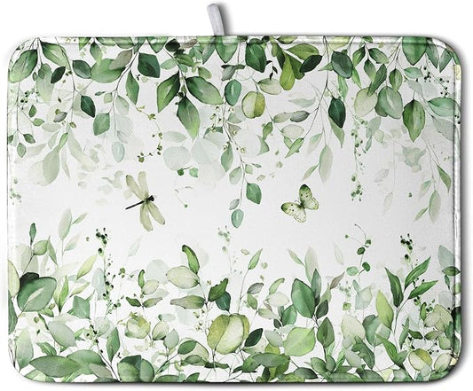 Sage Green Leaf Dish Drying Mat for Kitchen Counter Spring Eucalyptus Leaves Drying Mats Summer Floral Microfiber Absorbent Dishes Pad Reversible Washable Dish Drainer Rack Mat Large 18x24 Inch