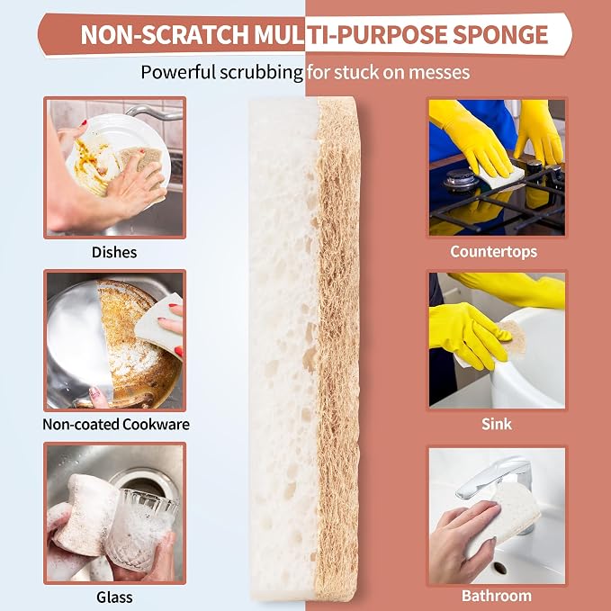 Natural Dish Sponge 48 Pack, Non-Scratch Scrub Sponge, Eco Multipurpose Kitchen Sisal Fiber Cellulose Sponge, Odor-Less Dual-Sided for Dish Washing & Household Cleaning