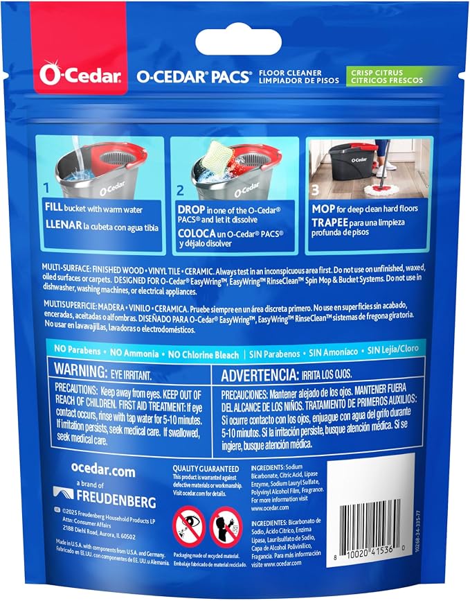 O-Cedar PACS Hard Floor Cleaner, Crisp Citrus Scent 24 Count (1-Pack) | Made with Naturally-Derived Ingredients | Safe to Use on All Hard Floors | Perfect for Mop Buckets