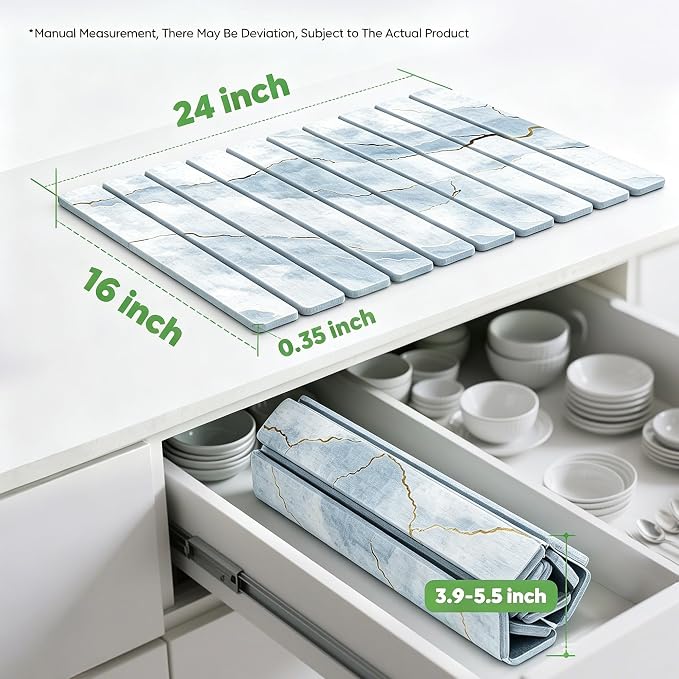 Stone Drying Mat for Kitchen Counter, Quick Diatomaceous Earth Mats for Dishes, 24"L x 16" W Super Absorbent Fast-Drying Collapsible Countertop Stone Mat (Marble White-09, 24" x 16")