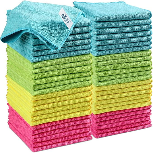 HOMEXCEL 50PK Microfiber Cleaning Cloth, Cleaning Rag for Home, 11.5x11.5in | Reusable, Lint Free, Scratch-Free and Highly Absorbent Towels for Kitchen, Window and Glass, Cars (Green/Blue/Yellow/Pink)