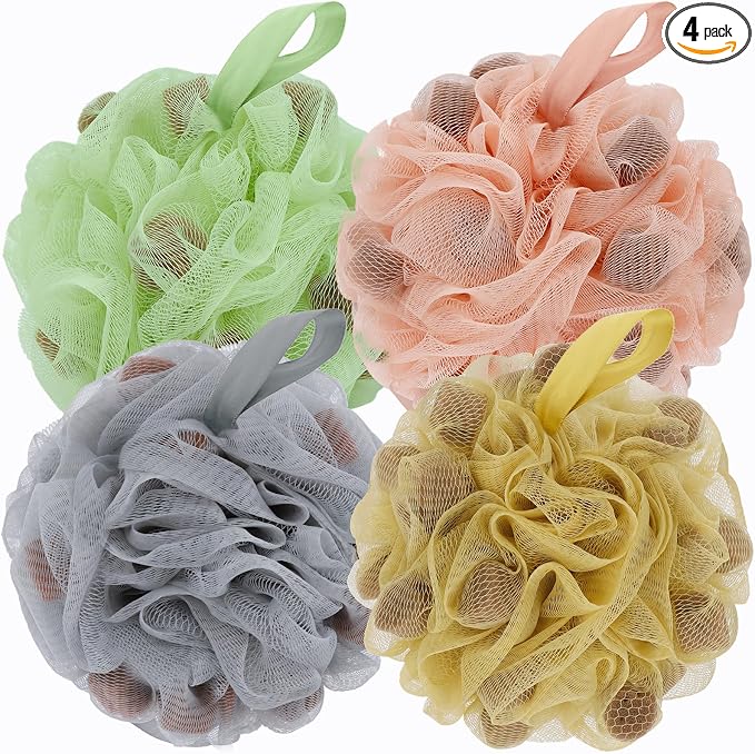 BCKENEY Bath Loofah Shower Sponge Body Back Scrubber Soft Mesh Shower Puffs Exfoliating Loofa for Women & Men Bath Accessories Cleaning Tool (4Pcs 60G Shower Puffs, Luxury)