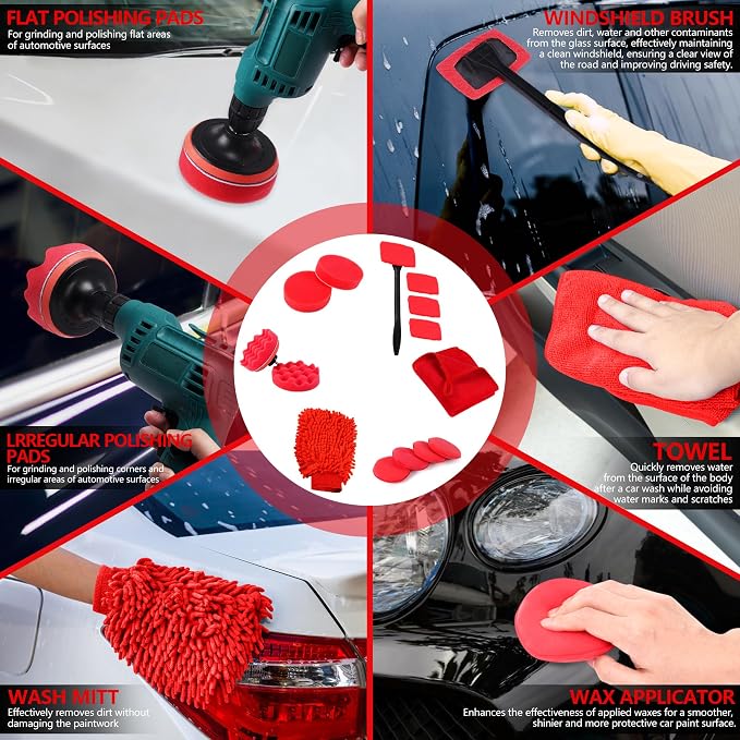 35Pcs Car Detailing Kit & Car Cleaning Kit, B：35PCS-R | Windshield Tool, Long Wheel Brush & 2 Angled Brushes, 4 Polishing Pads & 4 Wax Pads, Red Tool Box, Gift for Men