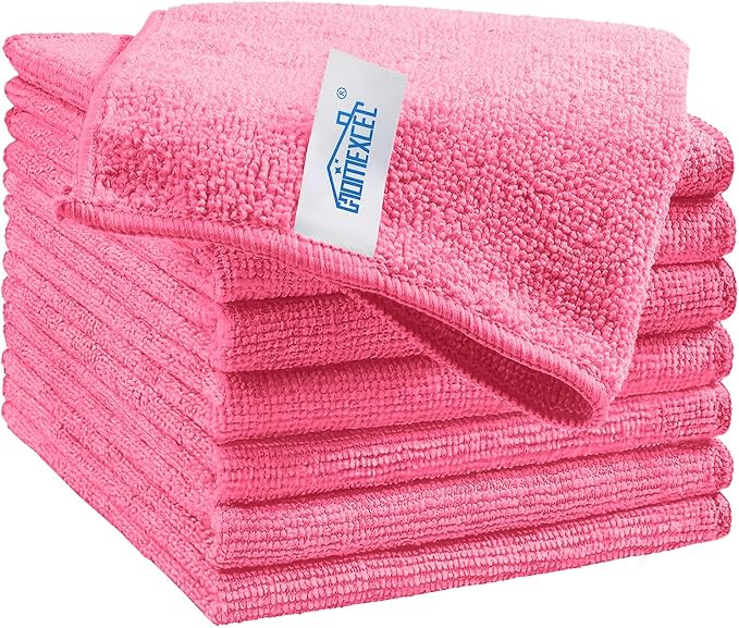 HOMEXCEL 8PK Microfiber Cleaning Cloth, Cleaning Rags for Home, 11.5x11.5in | Reusable, Lint Free, Scratch-Free and Highly Absorbent Towels for Kitchen, Window and Glass, Cars, Pink