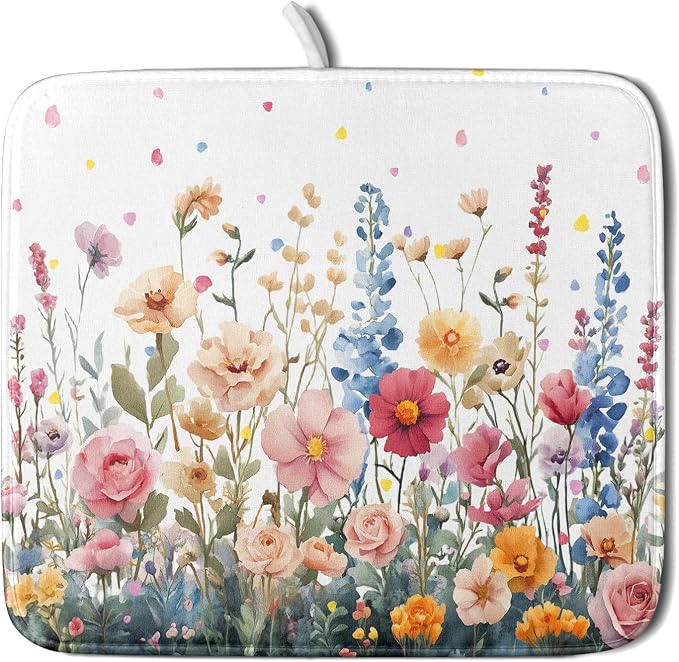 Colorful Flower Dish Drying Mat 16x18 Inch Botanical Floral Drainer Rack Mats Washable Absorbent Dish Dry Pad for Kitchen Counter Sink