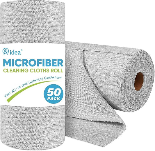 AIDEA Microfiber Cleaning Cloth Roll-50PK, Paper Towels Reusable 11.5×11.5" | Tear Away Towels, Washable Shop Rags, Microfiber Towels for Cars, Lint Free Rags for House, Kitchen, Window, Grey