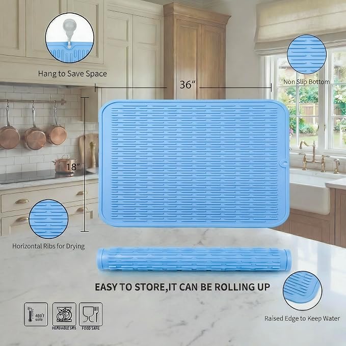 MicoYang Silicone Dish Drying Mat for Multiple Usage,Easy clean,Eco-friendly,Heat-resistant Silicone Mat for Kitchen Counter or Sink,Refrigerator or Drawer Liner Light Blue 5XL 36inches x 18inches