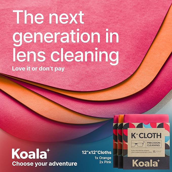 Koala Lens Cleaning Cloth | Japanese Microfiber | Pink & Orange (Pack of 3) | Glasses Cleaning Cloths | Eyeglass Lens Cleaner | Eyeglasses, Camera, VR/AR Headset, and Screen Cleaner | Washable & Reusable
