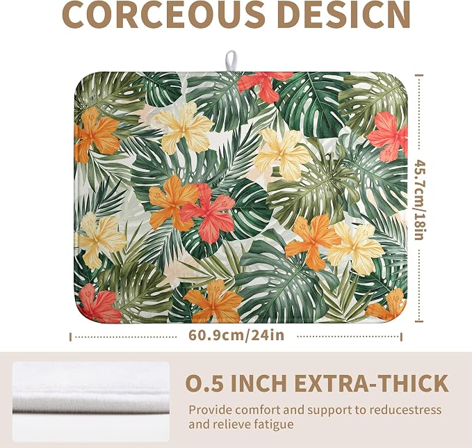 Tropical Palm Leaves Dish Drying Mat for Kitchen Counter Watercolor Flowers Leaf Drying Mat Dish Pads Reversible Absorbent Microfiber Dish Drainer Rack Mat for Countertop 18x24 Inch