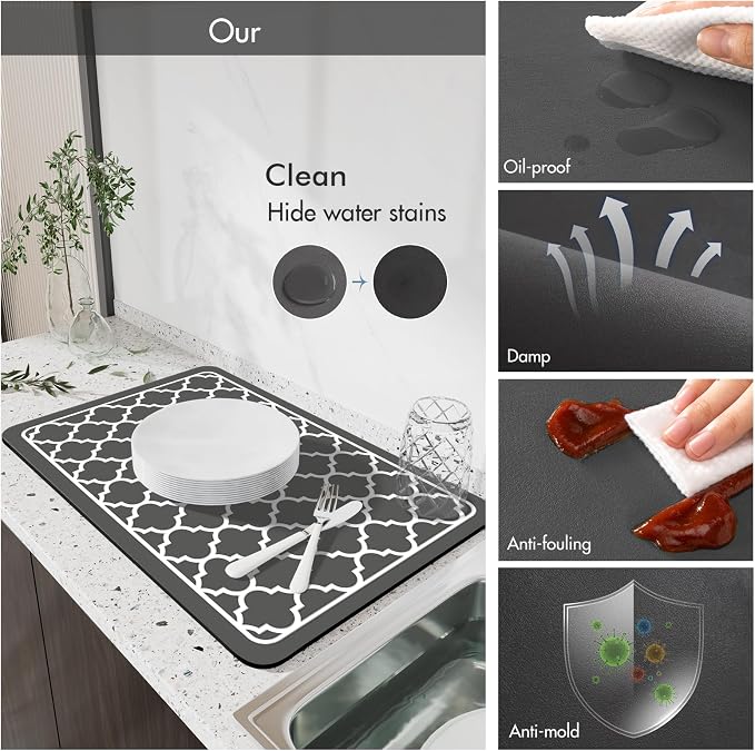 Drying Mat for Kitchen Countertops, Coffee Mat Hide Stain Rubber Backed Absorbent Dish Drying Mat