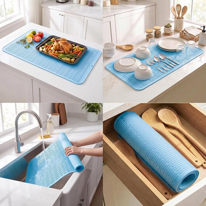 MicoYang Silicone Dish Drying Mat for Multiple Usage,Easy clean,Eco-friendly,Heat-resistant Silicone Mat for Kitchen Counter or Sink,Refrigerator or Drawer Liner Light Blue 5XL 36inches x 18inches