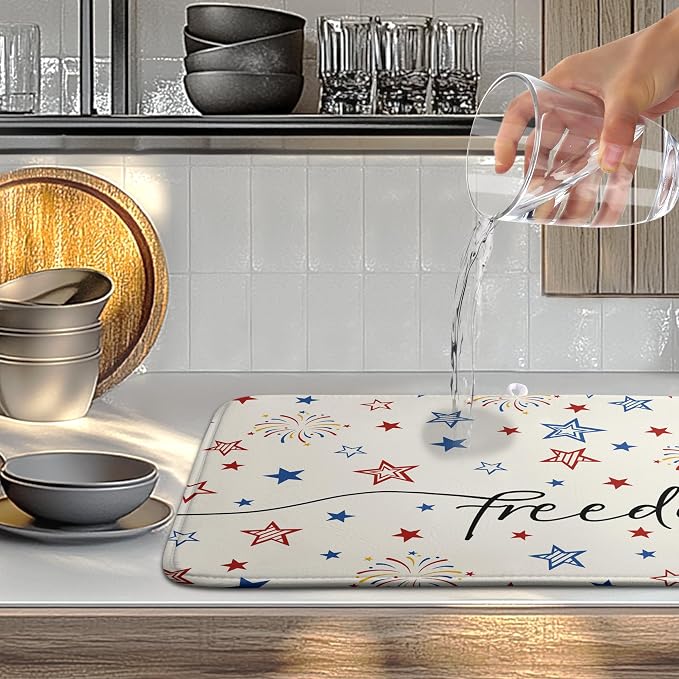 Patriotic Stars Dish Drying Mats 4th of July Dish Mat Kitchen Large Drying Matt Dishes Dryer Pad for Kitchen Counter Absorbent Microfiber Washable Foldable Reusable 18x24 in