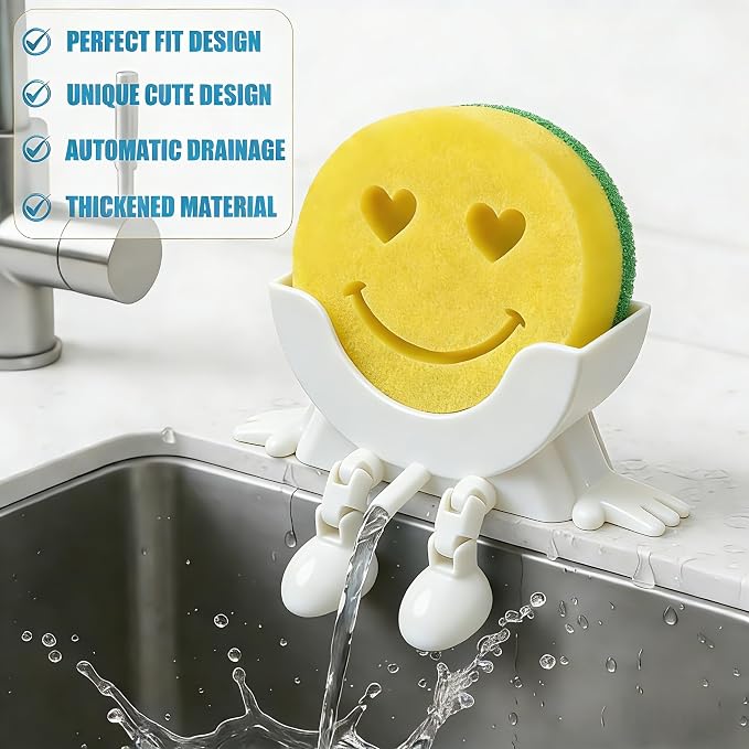 Cute Hanging Sponge Holder with Drainage,3D Printed Kitchen Funny Sponge Stand for Sink,with non-slip pads,Suitable for Scrub Daddy Holder,Keeps Your Sponge Dry Smiling (White)