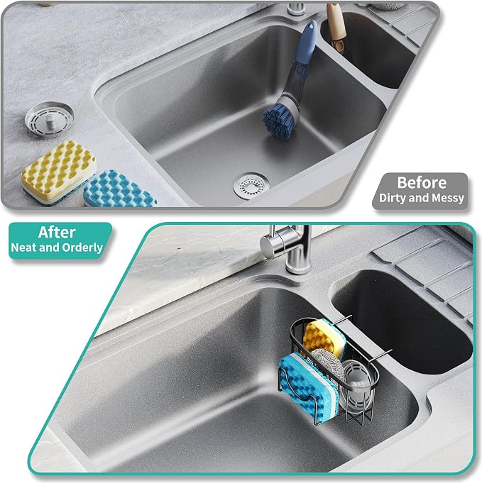 HapiRm Sponge Holder for Kitchen Sink - Rustproof Hanging Kitchen Caddy for Double-Bowl Sink, Center Divider width less than 1.5in- Black