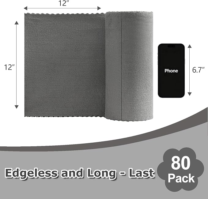 80 Pack Microfiber Cleaning Cloth Roll Reusable Paper Towels 12"x12" Tear Away Cloth, Microfiber Towels for Cars, Wash Cloths, Lint Free Dark Grey Rags for House, Kitchen,Window,Cleaning Supplies