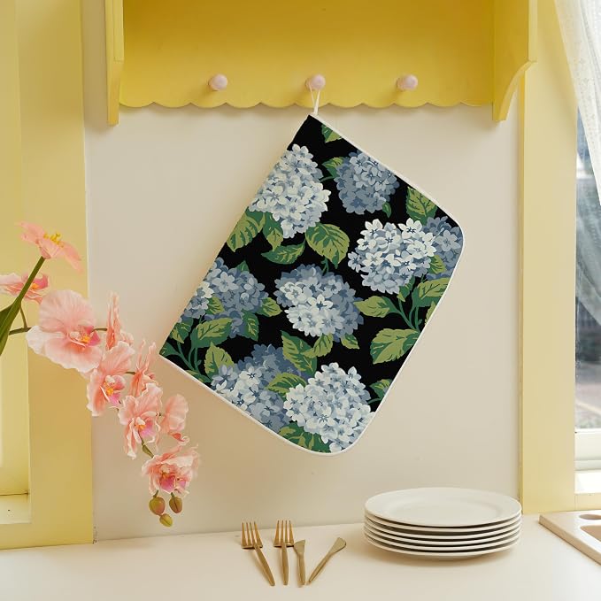 Spring Floral Dish Drying Mat 18x24 Inches For Kitchen Counter Absorbent Black Blue Hydrangea Flower Kitchen Decoration Summer Floral Drying Mat Pad For Home Kitchen,Dining Room,Office Decor