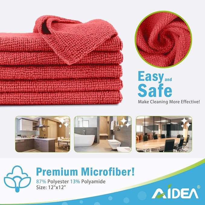 AIDEA Microfiber Cleaning Cloth Red-50PK, Soft Absorbent Shop Rags, Microfiber Towels for Cars, Kitchen Towels, Dusting Cloth for Home, Window, Cleaning Supplies, 12"×12"