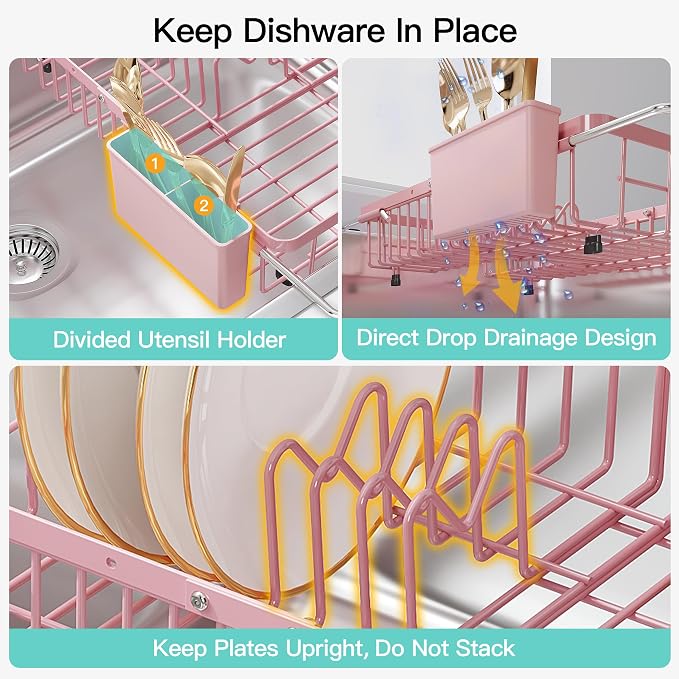 JASIWAY Expandable Stainless Steel Pink Dish Drying Rack Over The Sink for Small Kitchen, Counter Space Saving Compact Plate Drainer Strainer, Adjustable Hanging Metal Dish Dryer with Utensil Holder