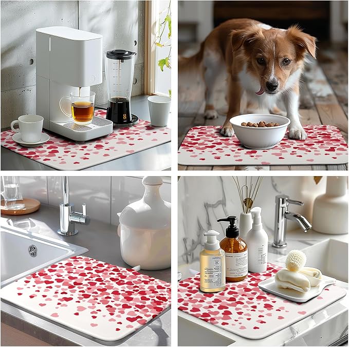 Valentines Dish Drying Mat Pink Red Love Hearts Valentine Drying Mats for Kitchen Counter Absorbent Microfiber Reversible Dish Draining Mat Medium Dishes Pad 16 X 18 Inch