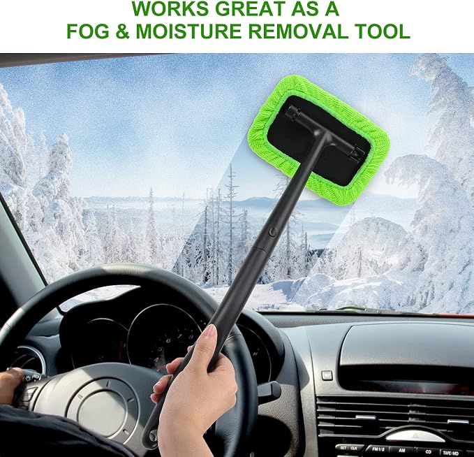 XINDELL Interior Windshield Cleaning Tool, Driver-Control Car Window Cleaner with Ergonomic 22" Handle & Microfiber Pads, No Streak Auto Glass Cleaner for Hard to Reach Inside Windshield