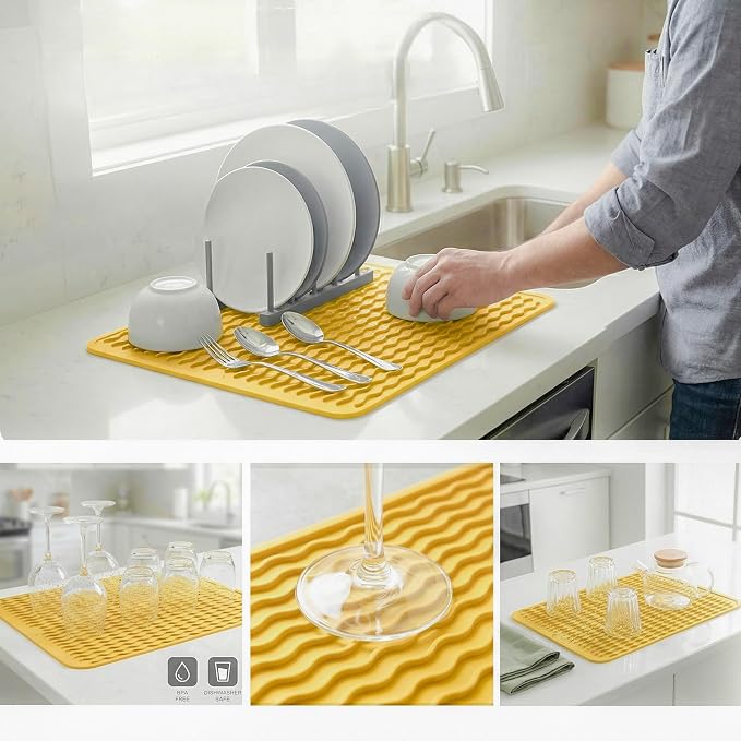 MicoYang Silicone Dish Drying Mat — Quick-Dry Ridges Counter & Sink Pad, Heat-Resistant Trivet to 450°F, Non-Slip & Dishwasher Safe, Roll-Up Storage, 18 Colors & 9 Sizes (Yellow, 16"×12")