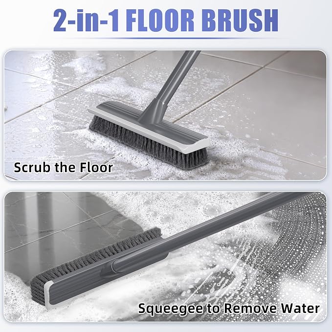2 in 1 Floor Scrub Brush: Deck Brush with Squeegee | Long Adjustable Handle - 55'' Stiff Bristle Scrape Brush for Deck Patio Garage Shower Bathroom