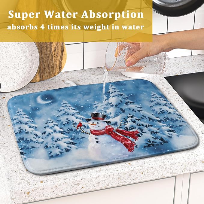 Blue Snowman Dish Drying Mat Winter Pine Tree Drainer Rack Mats 16x18 Inch Absorbent Fast Dry Dish Pad Protector Kitchen Counter Accessories