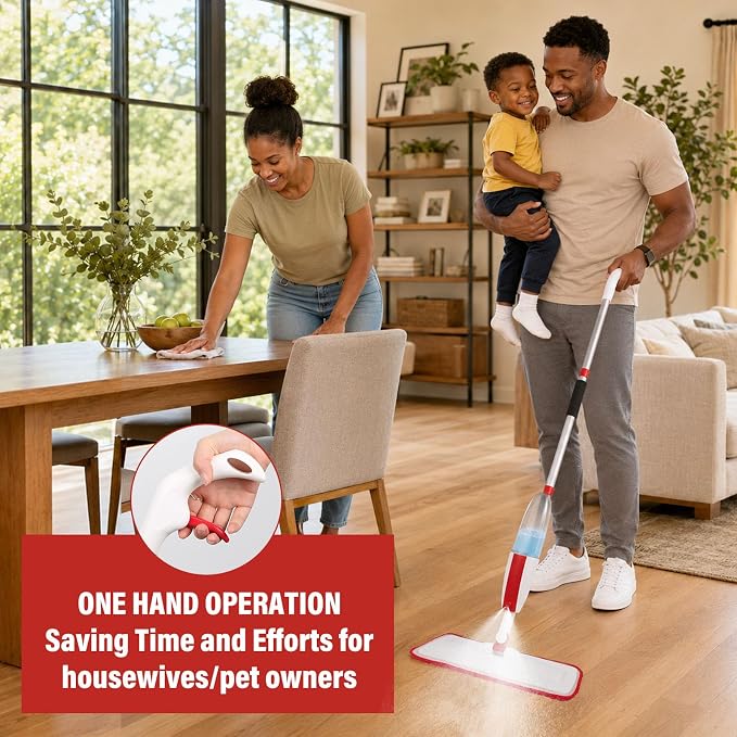 Wet Spray Mop for Floor Cleaning with 14 oz Bottle & 2 Microfiber Pads | Refillable bottle, washable pads, dry/wet use for home or commercial cleaning on hardwood, laminate, wood & ceramic floors