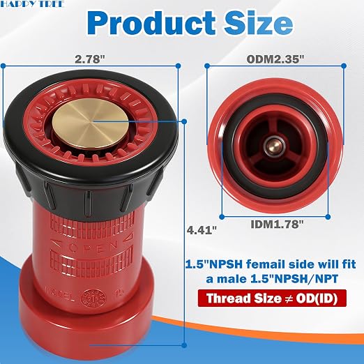 Happy Tree 1-1/2" NPSH Fire Hose Nozzle Polycarbonate Spray Jet Fog Industrial Fireman 1.5" Nozzle 75 gpm Fire Equipment FHSN02