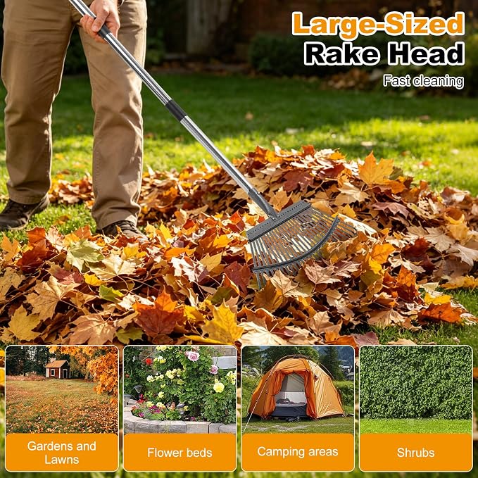 Heavy Duty Garden Rake, Metal Leaf Rake with 73 Inch Adjustable Handle and 25 Tines for Lawn, Yard, Garden Beds, Leaves, Debris and Shrubs