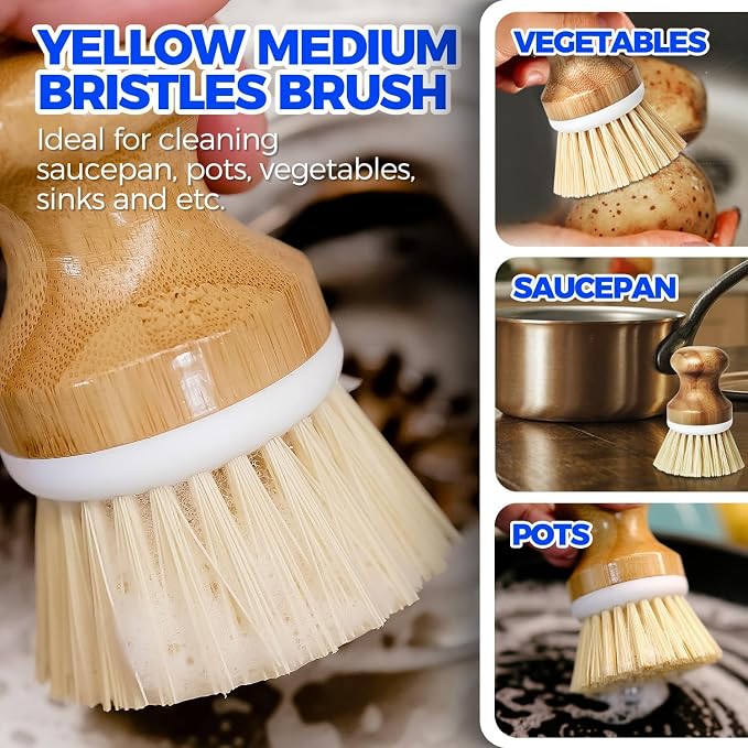 Holikme Bamboo Palm Brush Dish Brushes Vegetable Scrubber Round Natural Scrub Brush Cleaning Kit for Cleaning Saucepans, Pots, Pans and Vegetables, White Yellow Black