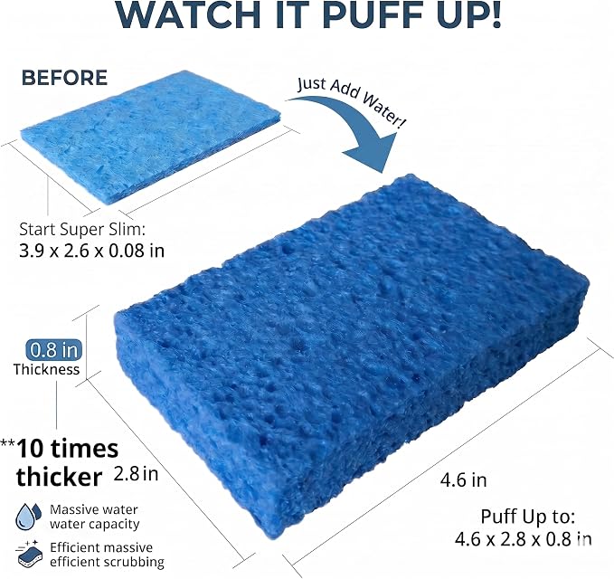 36 Pk Pop-Up Compressed Cellulose Sponges | Heavy Duty Scrub Kitchen Sponge, Clean Tough Messes Without Scratching Eco Friendly Reusable Compostable&Biodegradable