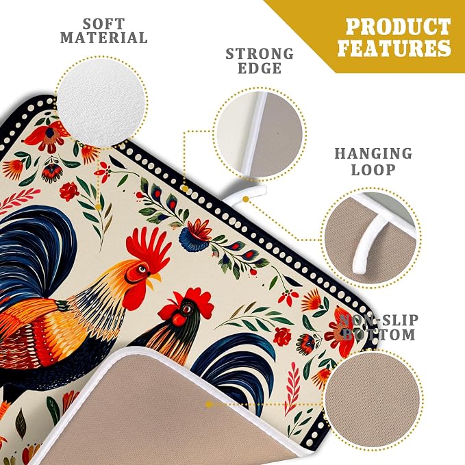 Roosters Chicken Dish Drying Mat for Kitchen Counter Absorbent Microfiber Drying Pad 16 x18 In