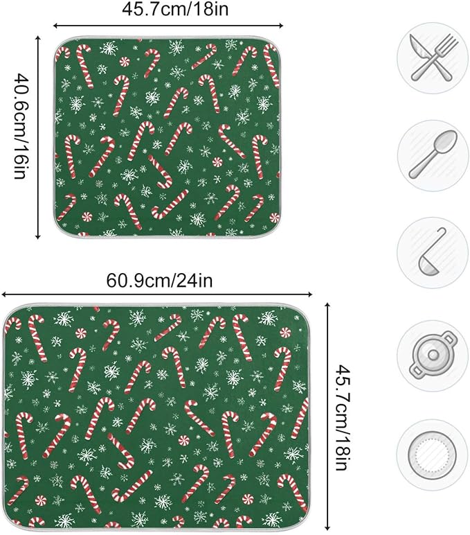Christmas Candy Cane Dish Drying Mat for Kitchen Countertop 18x24 Winter Snowflake Green Xmas Large Drying Mat Reusable Quick Dry Dish Sink Mats Easy Clean Decorative Essentials