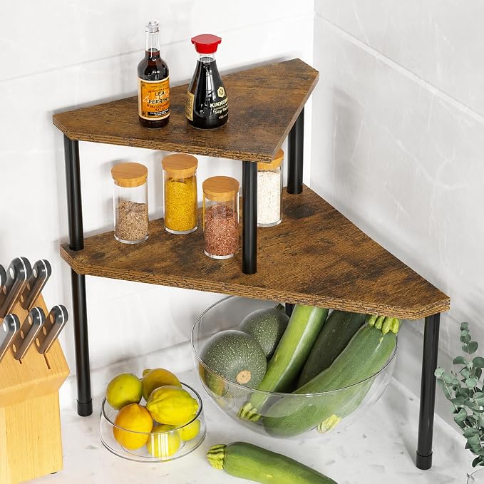 Weenson Kitchen Countertop Organizer Spice Rack for Salt, Bathroom Counter Organizer Over Sink for Toiletries, Makeup, 2-Tier Corner Counter Shelf for Coffee Area Storage Dresser Table(Rust Brown)