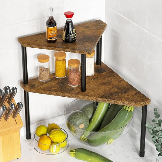 Weenson Kitchen Countertop Organizer Spice Rack for Salt, Bathroom Counter Organizer Over Sink for Toiletries, Makeup, 2-Tier Corner Counter Shelf for Coffee Area Storage Dresser Table(Rust Brown)