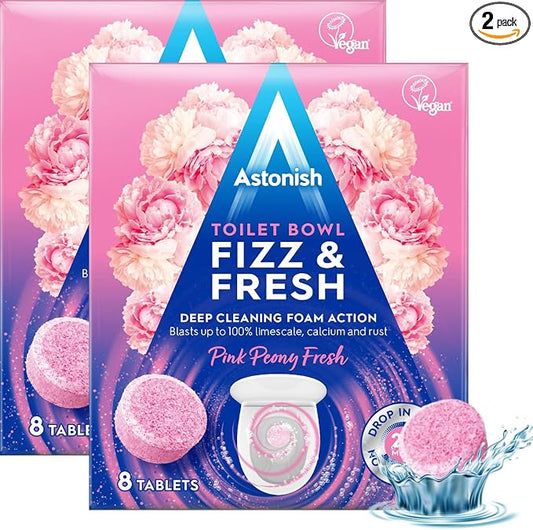 Astonish Foaming Pink Peony Toilet Bowl Cleaner 2 Pack - Deep Cleaning Limescale, Calcium & Rust - No Bottle, Removes Hard Stains (2 Boxes, 16 Tablets)