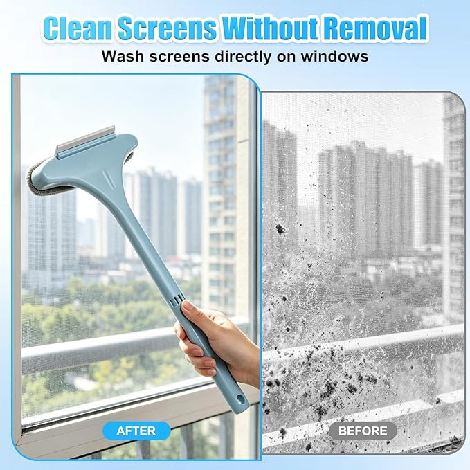 Window Screen Cleaning Brush,2-in-1 Multi-Purpose Cleaning Brush Efficient Cleaning,Window Screen Cleaner Tool with Squeegee,Mesh Cleaner Brush for Patio,Door,Porch Screens(Yellow Green)