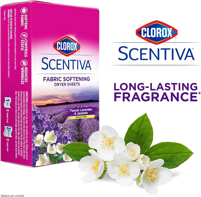 Clorox Scentiva Fabric Softening Dryer Sheets | Fabric Sheets in Tuscan Lavender & Jasmine | 40 Count Dryer Sheets That Reduce Wrinkles and Reduce Static Cling (Pack of 2)