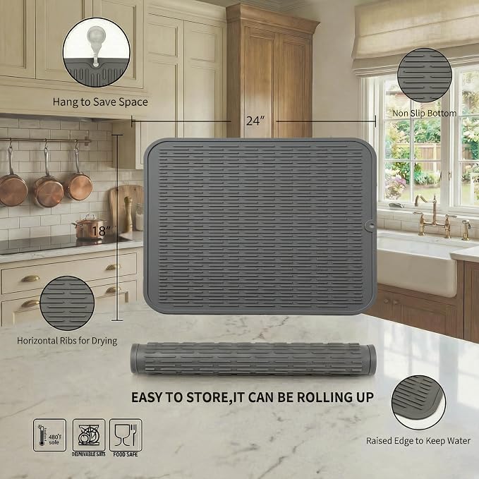 MicoYang Silicone Dish Drying Mat for Multiple Usage,Easy clean,Eco-friendly,Heat-resistant Silicone Mat for Kitchen Counter or Sink,Refrigerator or Drawer Liner Grey 2XL 24 inches x 18 inches