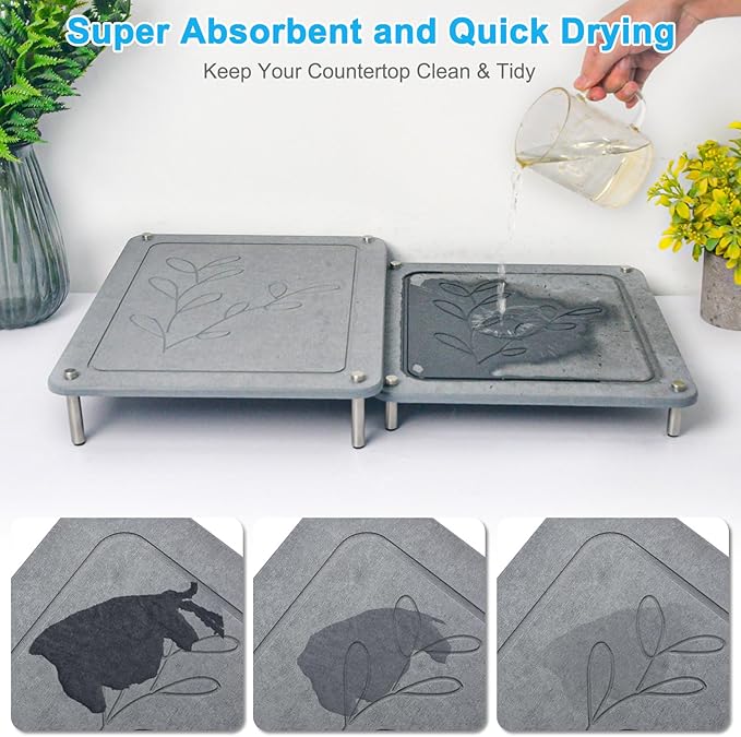 3Pcs Nesting Stone Drying Mat for Kitchen Counter, Quick Drying Dish Drying Mat with Non-Slip Feet, Super Absorbent Heat Resistant Diatomaceous Earth Dish Drying Mat for Dishes, Bottles, Cups-Leaf